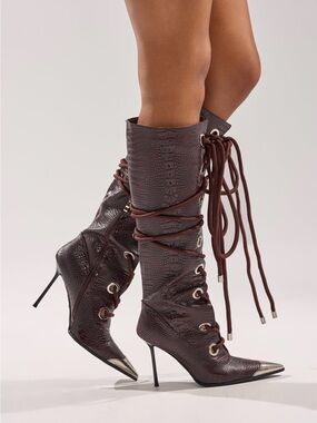 AKIRA Burgundy Lace-Up Stiletto Knee-High Boots